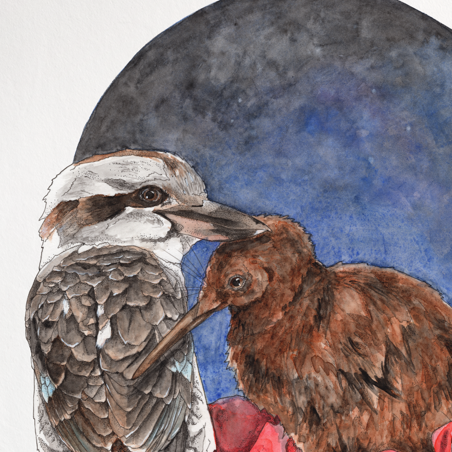 Illustration of two animals sitting together with a moon and red flowers on a white background