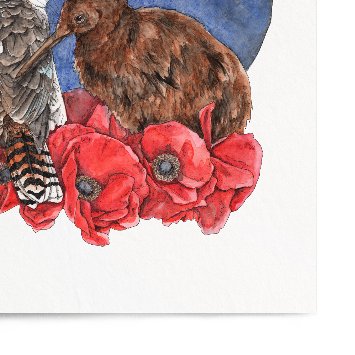 Illustration of two animals sitting together with a moon and red flowers on a white background