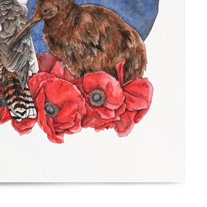 Illustration of two animals sitting together with a moon and red flowers on a white background