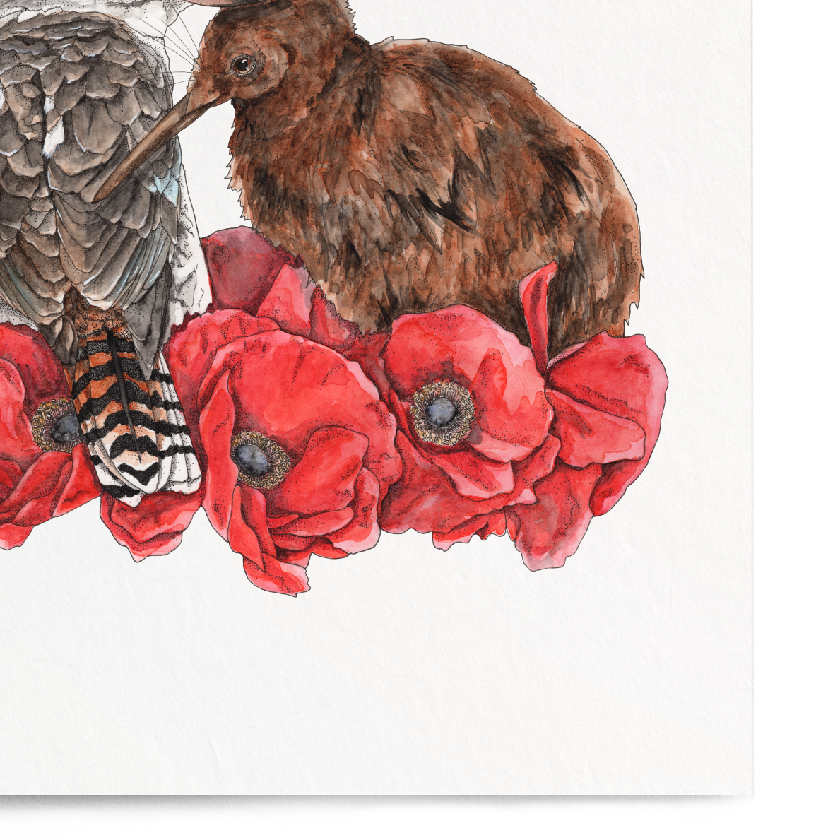Illustration of two birds surrounded by red flowers on a white background