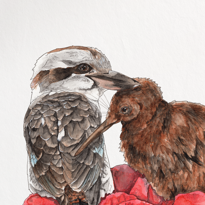 Illustration of two birds surrounded by red flowers on a white background