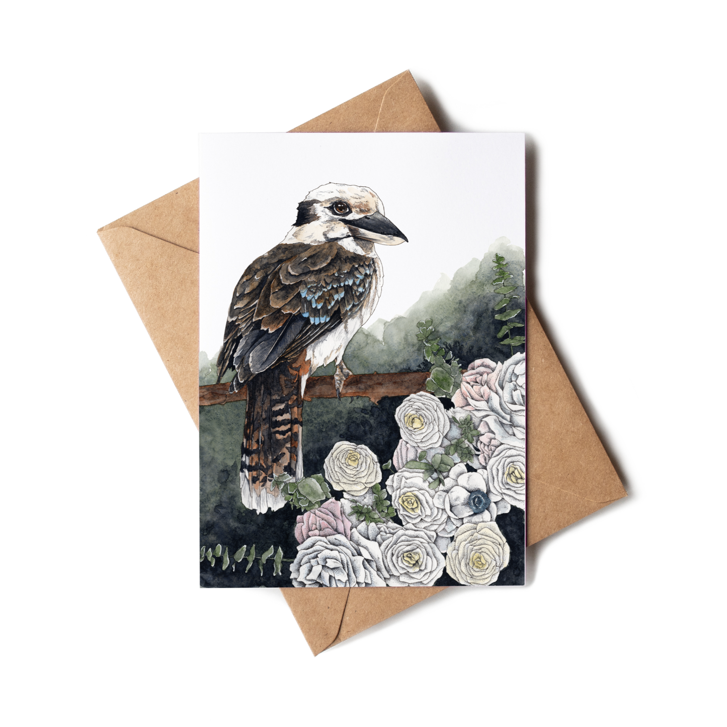 Greeting card with a bird illustration and envelope on a white background