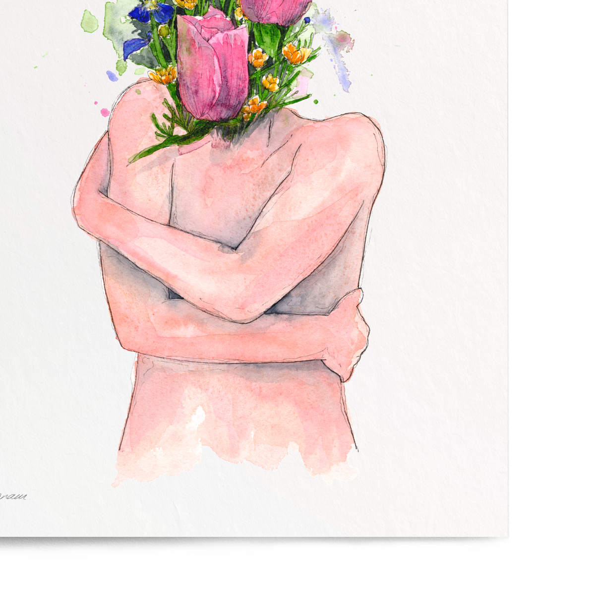 A vertical watercolor art print featuring a pale pink figure with arms crossed, whose head is replaced by a bouquet of pink tulips and small multicolored flowers, shown against a white background.