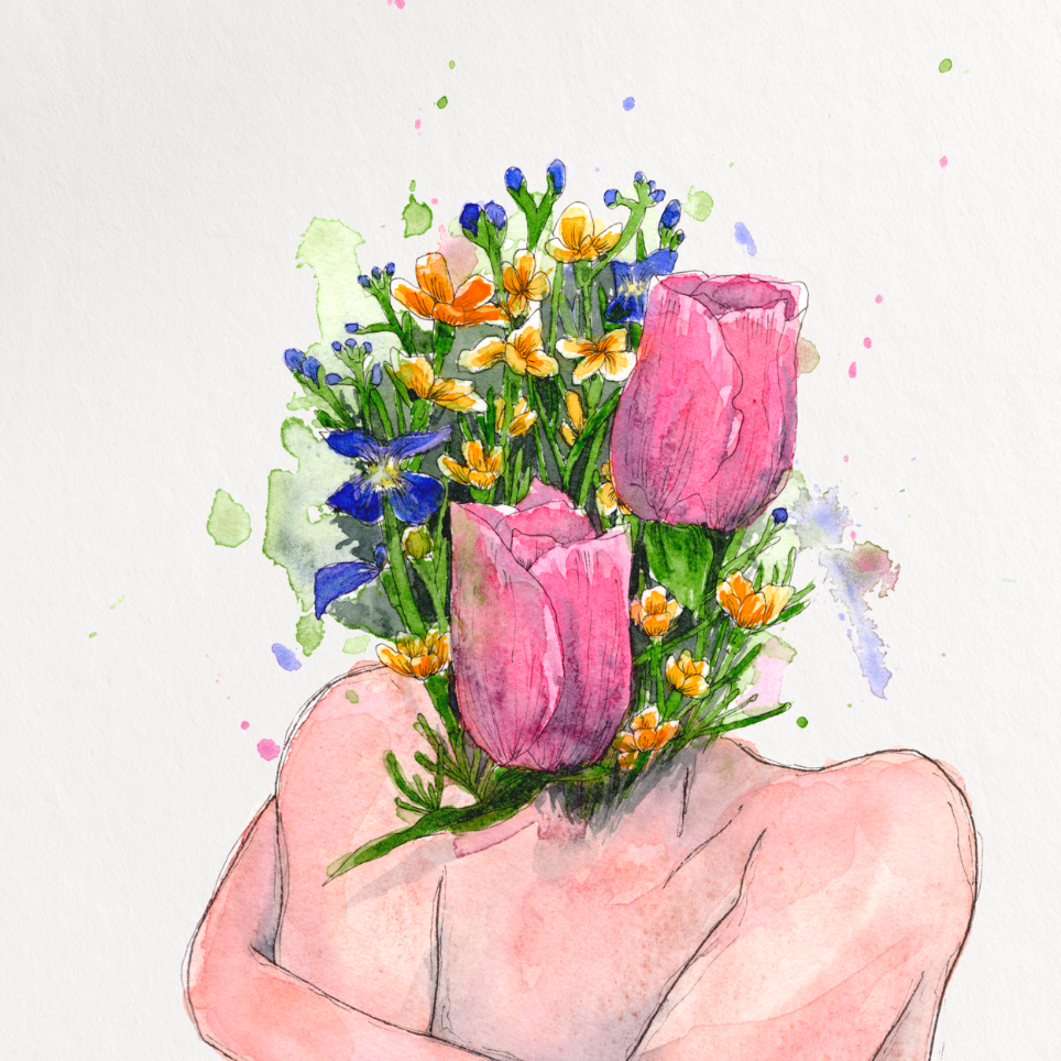 A vertical watercolor art print featuring a pale pink figure with arms crossed, whose head is replaced by a bouquet of pink tulips and small multicolored flowers, shown against a white background.