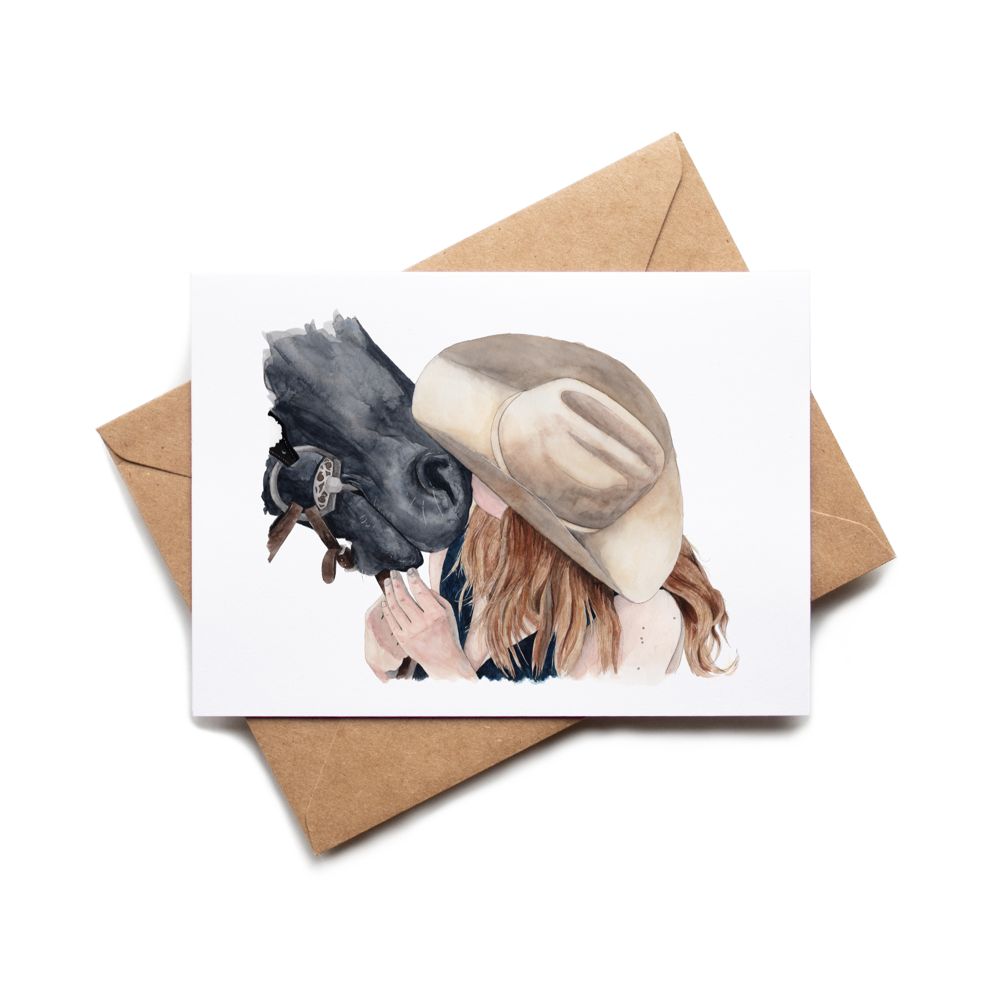 Greeting card with illustration of two people wearing hats on a white background