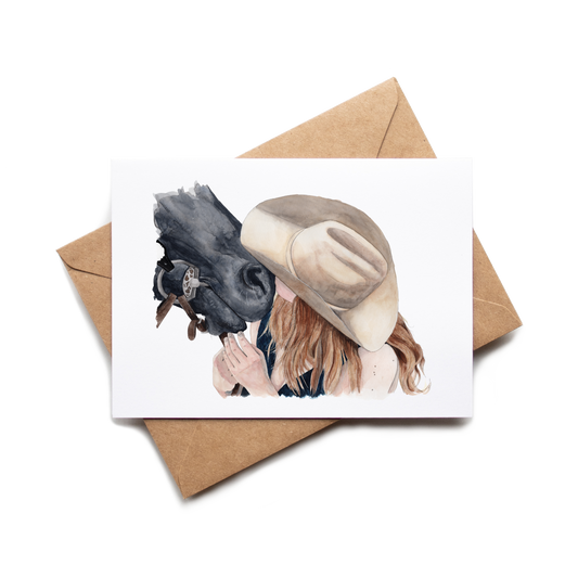 Greeting card with illustration of two people wearing hats on a white background