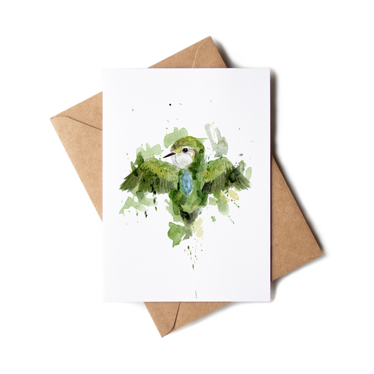 Greeting card with a green bird illustration on a white background, accompanied by a brown envelope.