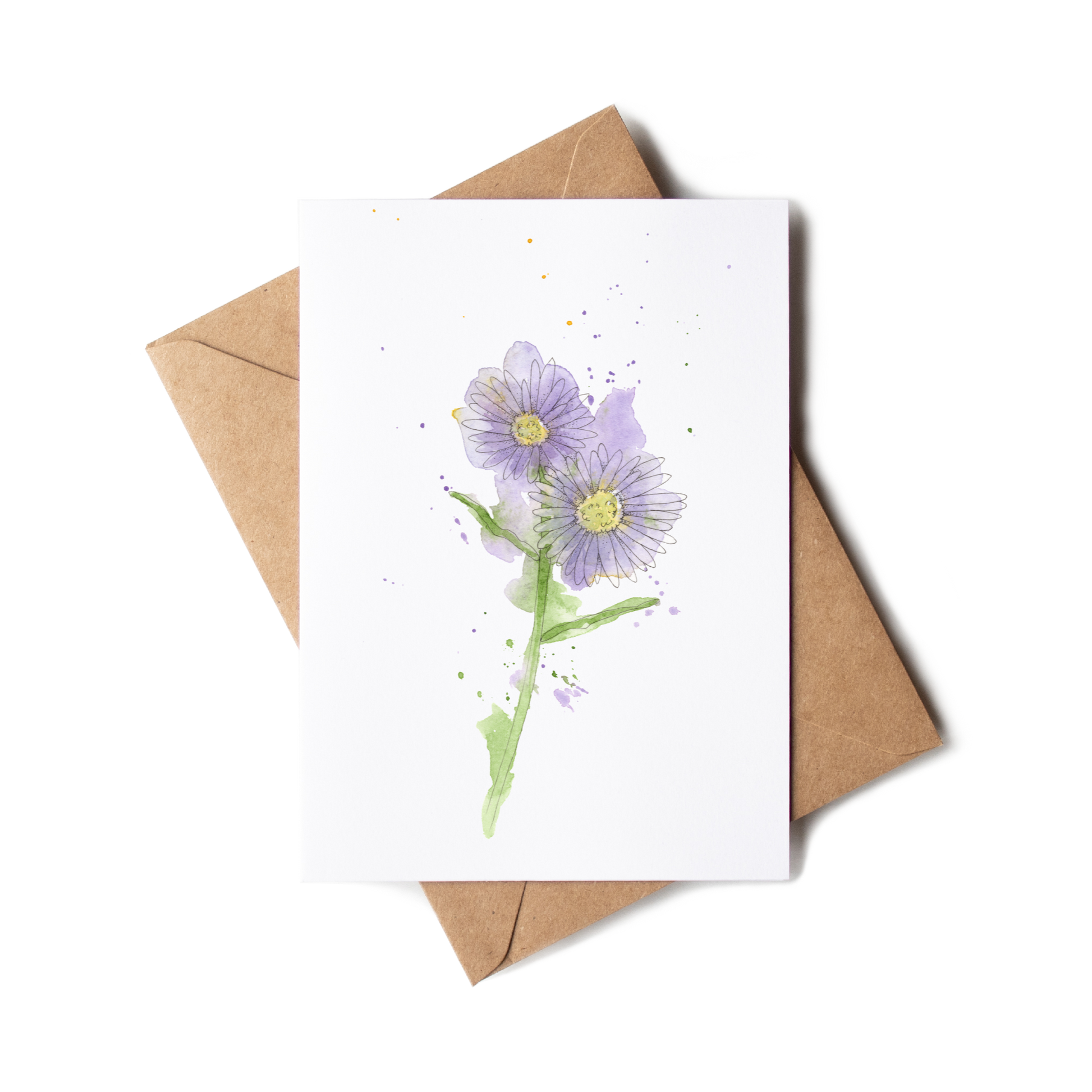 Greeting card with purple flower illustration and brown envelope on white background