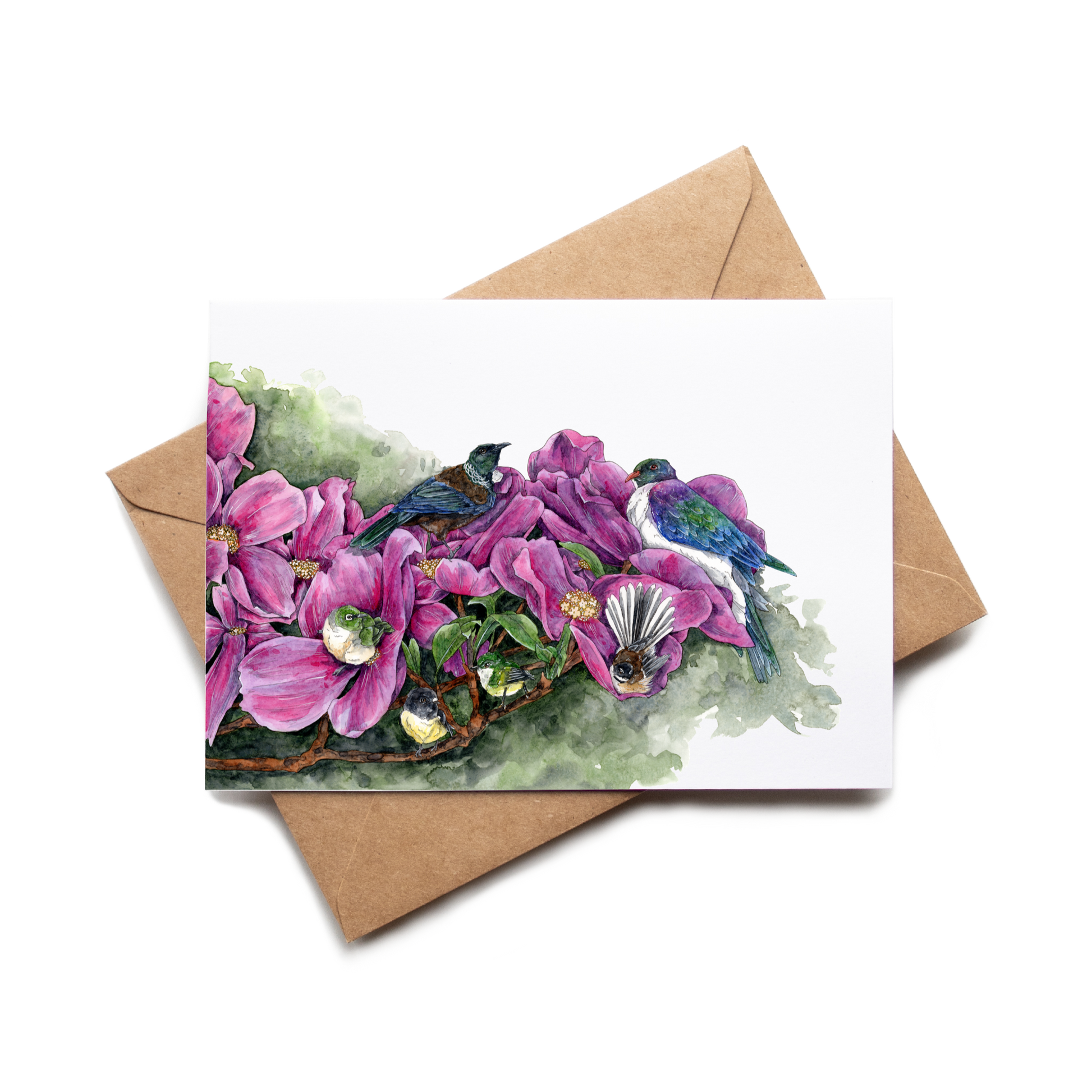 Greeting card with a floral design and birds, placed on a white background.