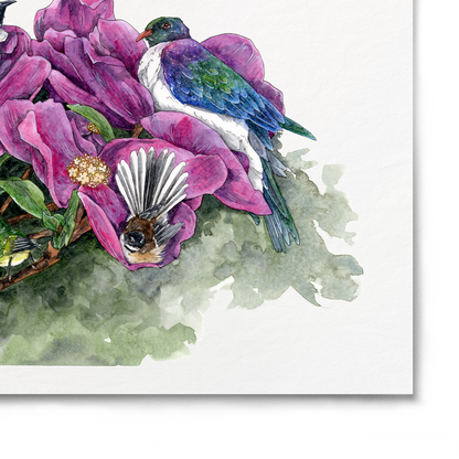 Art print of pink flowers and hummingbirds on a white background