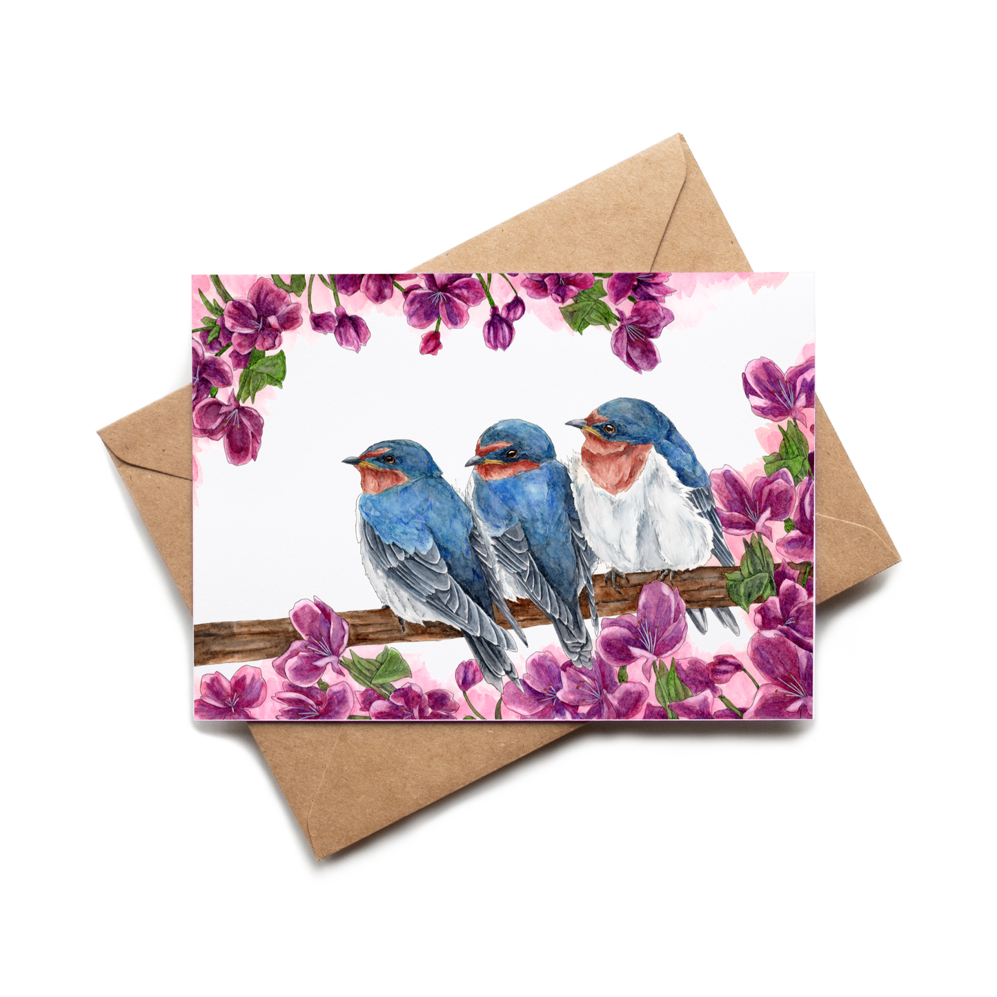 Card with blue birds and pink flowers on a white background