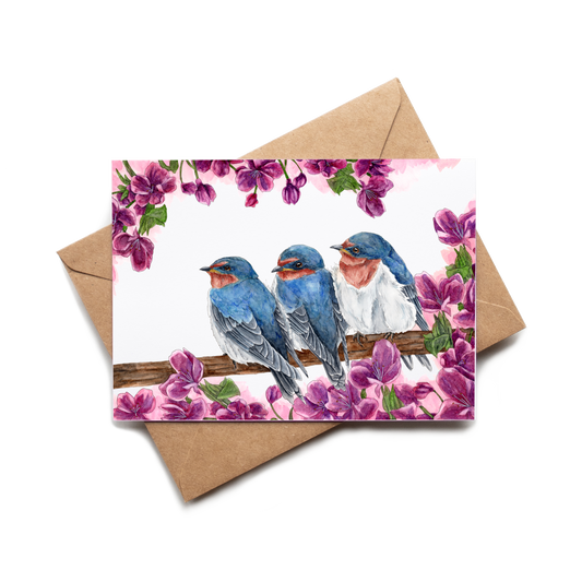 Card with blue birds and pink flowers on a white background