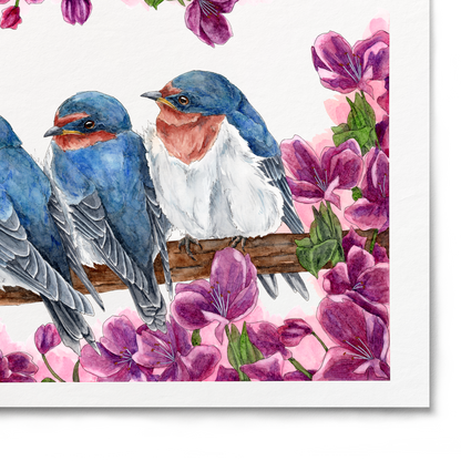 Three blue birds perched on a branch with pink flowers on a white background