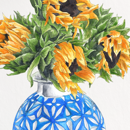 A watercolor-style art print depicting yellow sunflowers with green leaves in a blue patterned vase, shown against a white background with a subtle drop shadow.