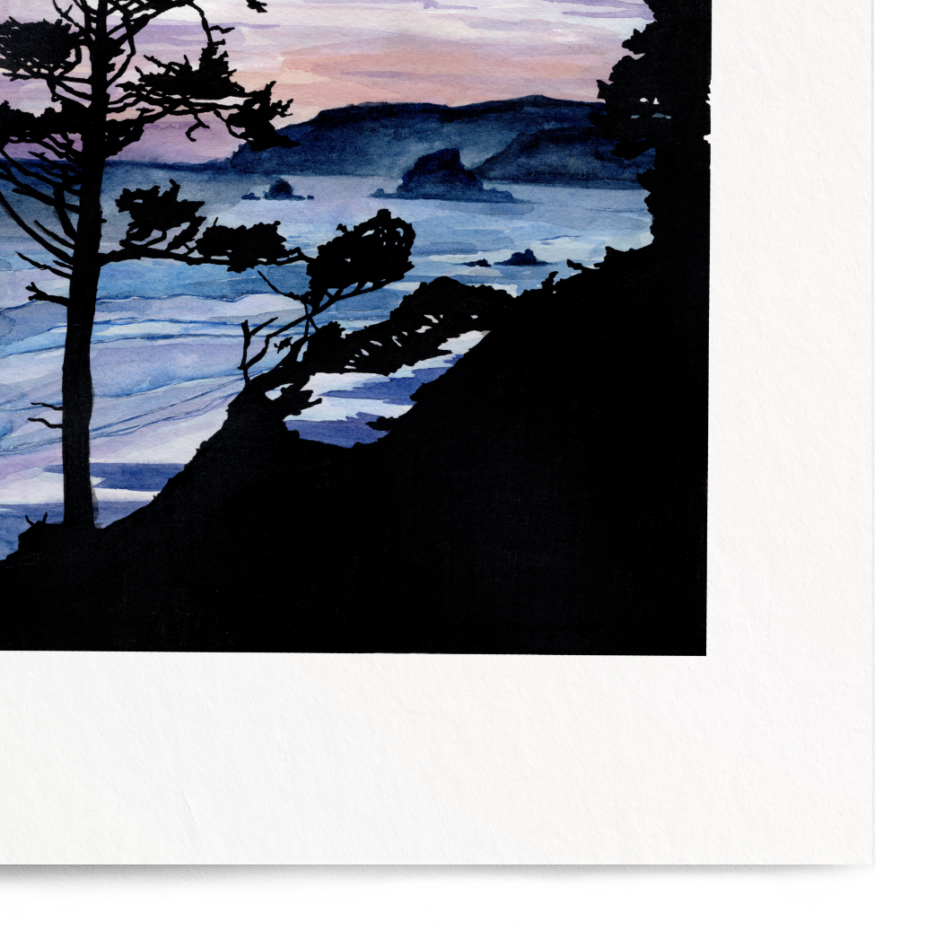 Art print of a silhouette of trees on a hill with a watercolor sky in blue and purple tones.