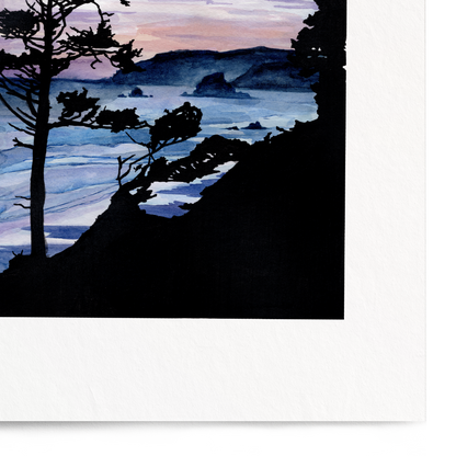 Art print of a silhouette of trees on a hill with a watercolor sky in blue and purple tones.