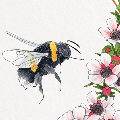 Decorative print with a bee and floral design on a white background