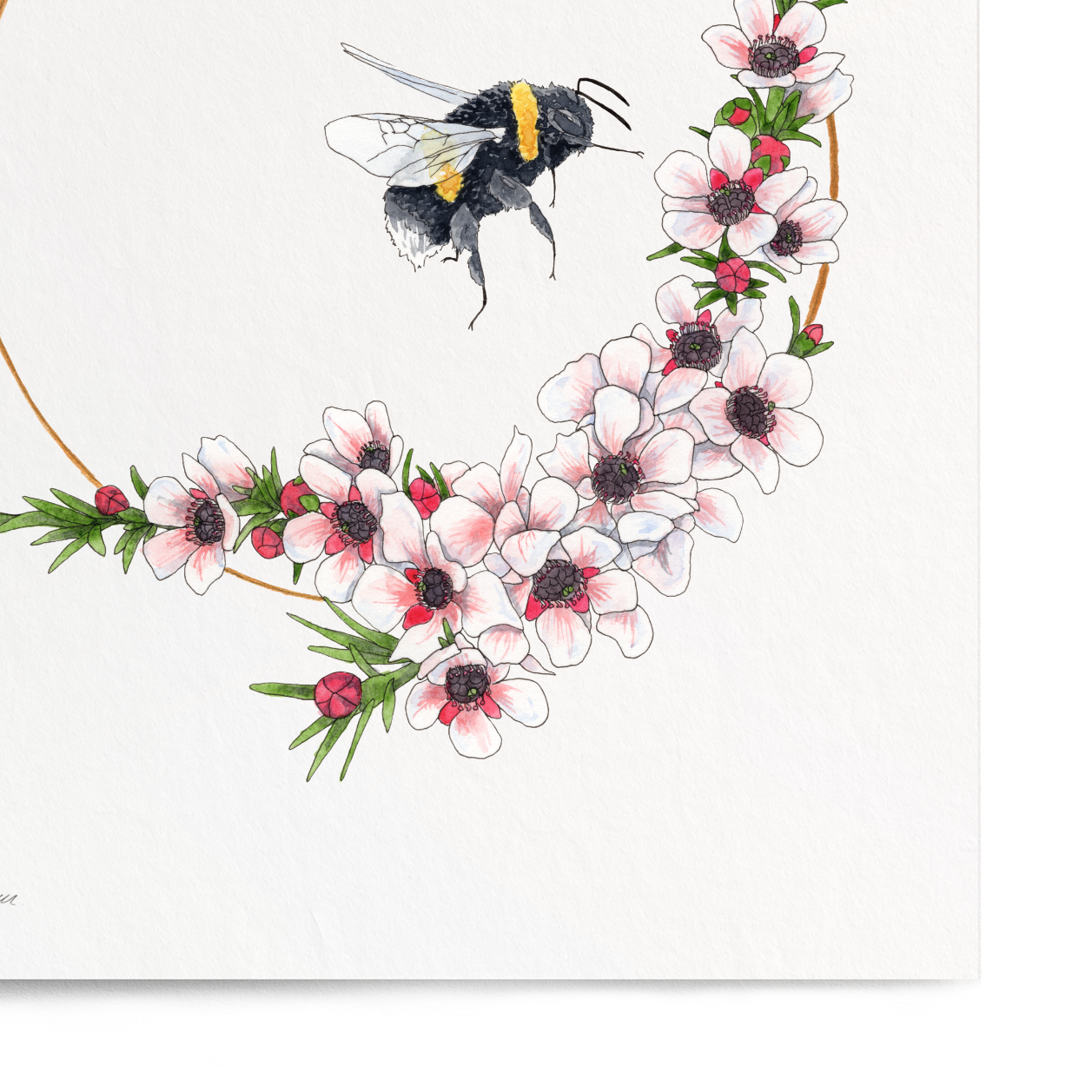 Decorative print with a bee and floral design on a white background