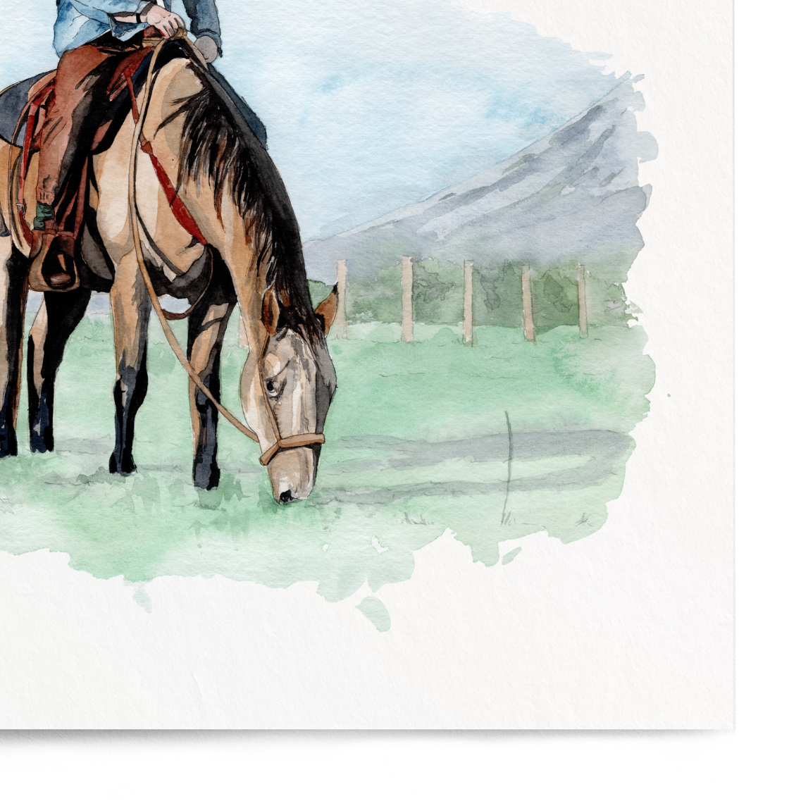 Art print of a cowboy on a horse with a scenic background