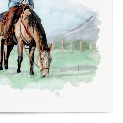 Art print of a cowboy on a horse with a scenic background