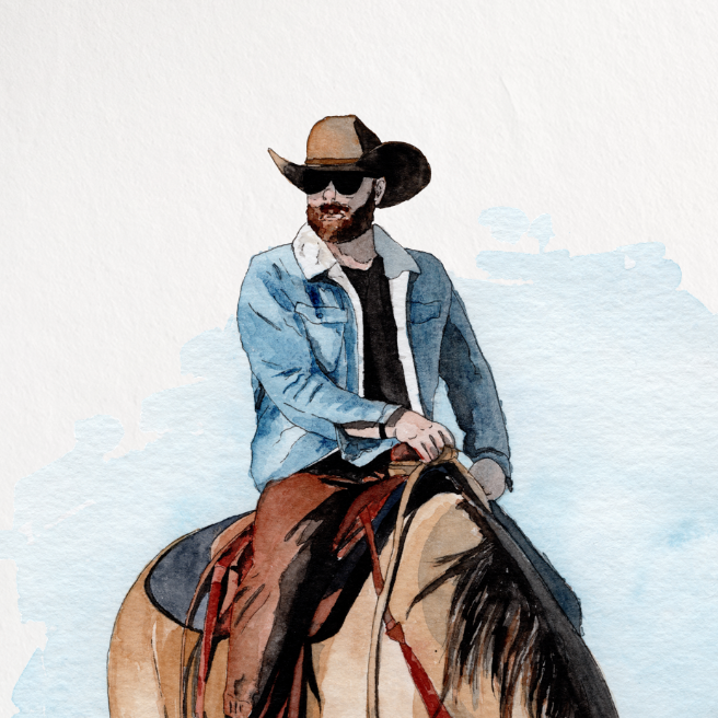 Art print of a cowboy on a horse with a scenic background