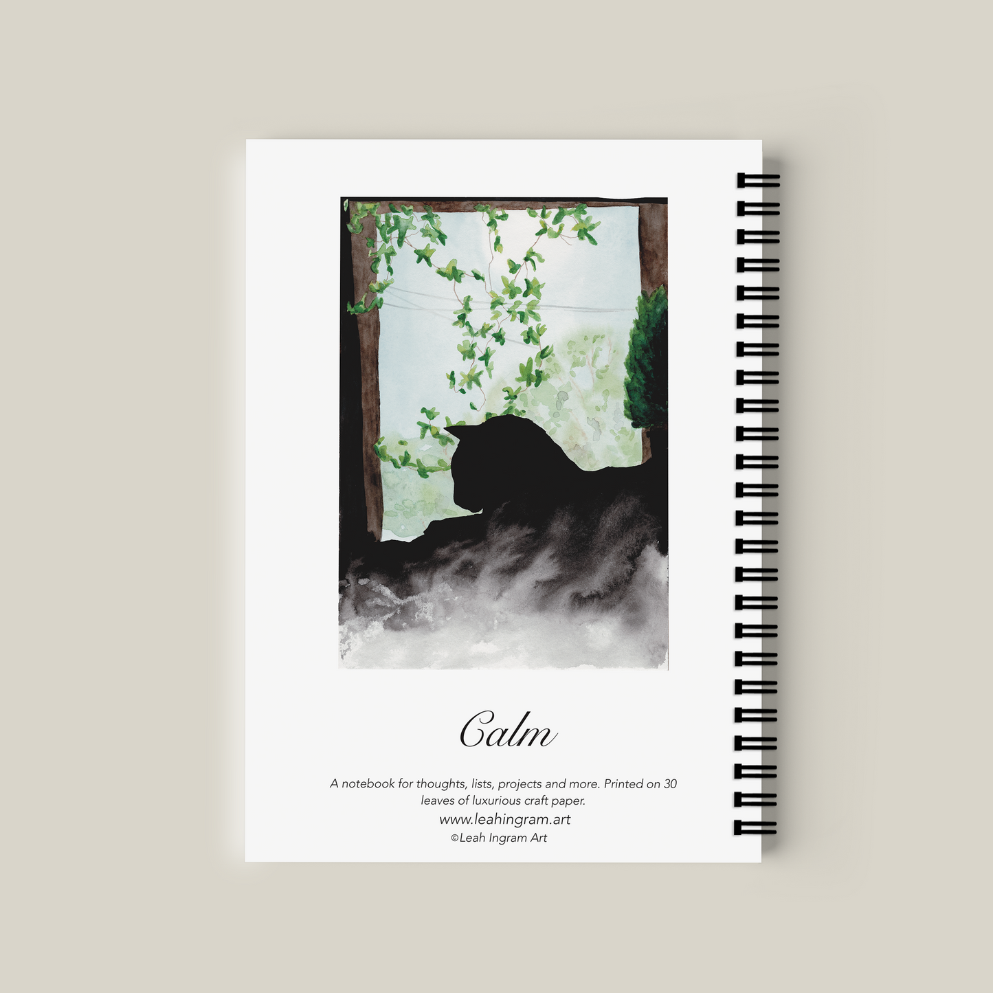 Notebook with a cover featuring a silhouette of a person and text 'Calm' on a beige background