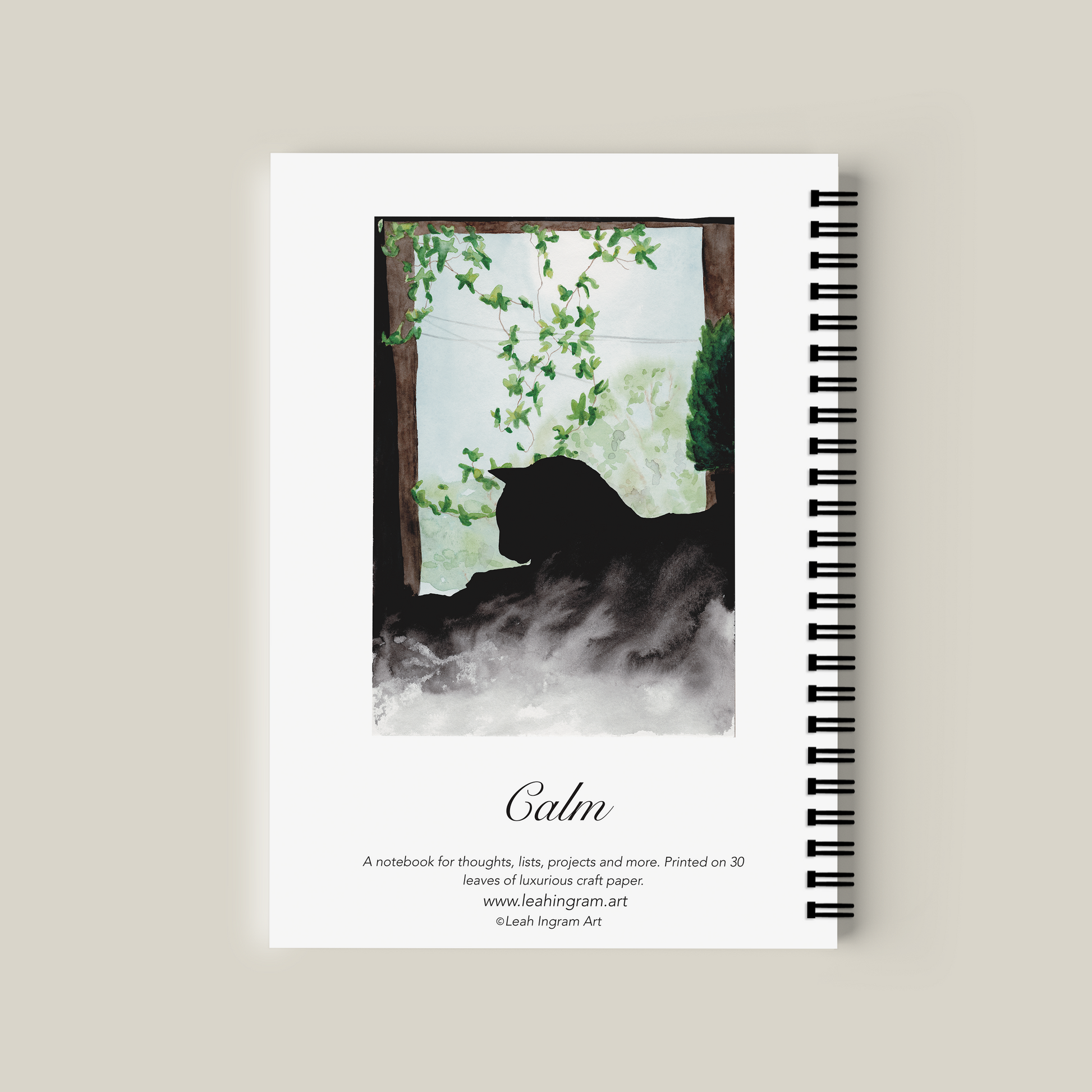 Notebook with a cover featuring a silhouette of a person and text 'Calm' on a beige background