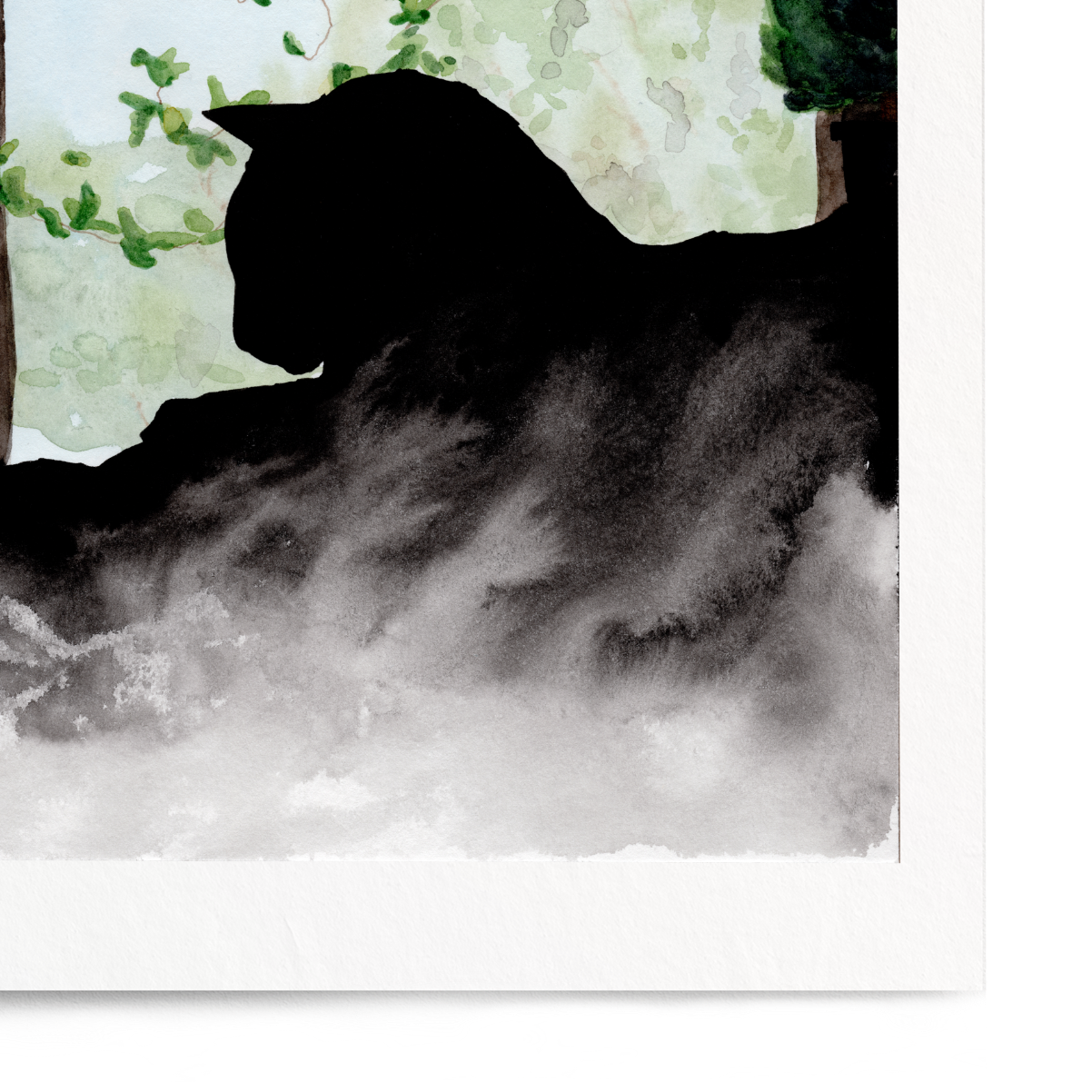 Framed artwork of a silhouette of a cat by a window with greenery