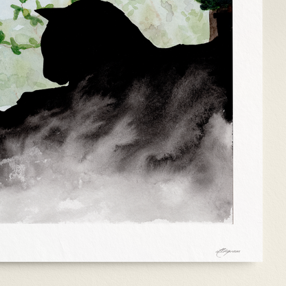 Framed artwork of a silhouette of a horse in a misty forest scene on a white wall.