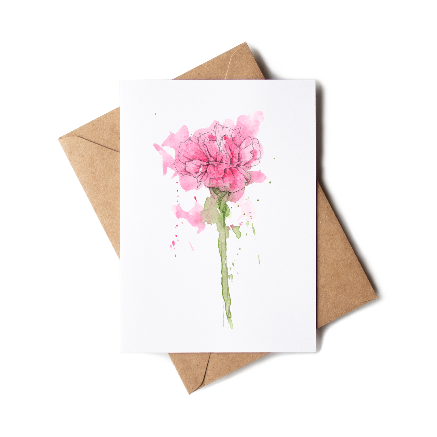 Greeting card with pink flower illustration and brown envelope on white background