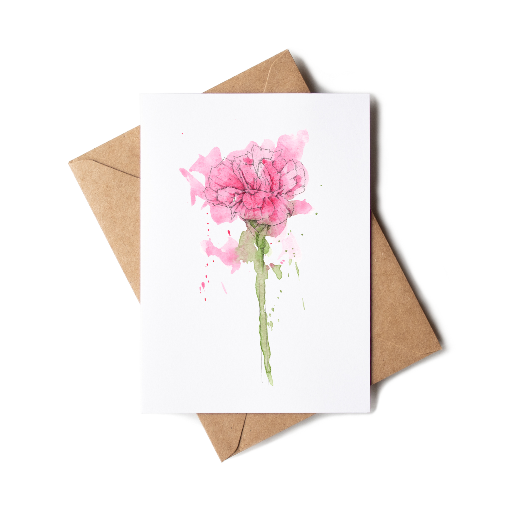 Greeting card with pink flower illustration and brown envelope on white background