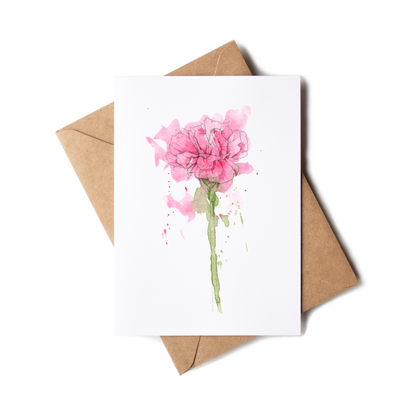Greeting card with pink flower illustration and brown envelope on white background