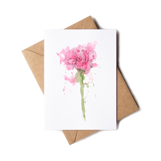 Greeting card with pink flower illustration and brown envelope on white background