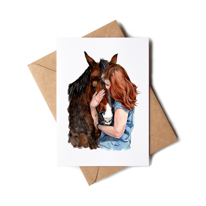 Card with a woman hugging a horse and a brown envelope on a white background