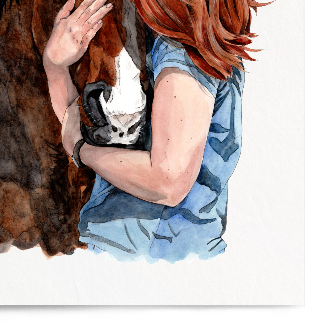 Illustration of a woman hugging a horse on a white background