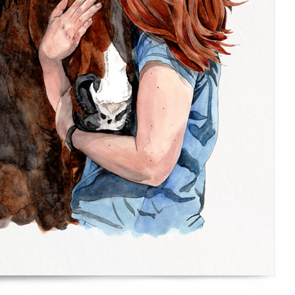 Illustration of a woman hugging a horse on a white background
