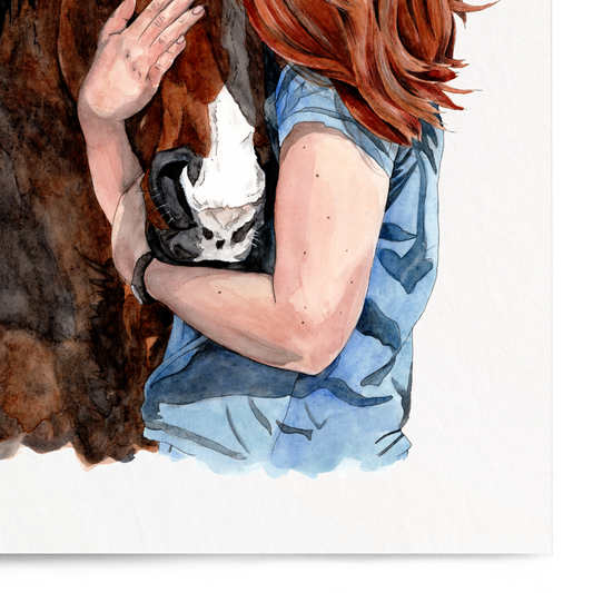 Illustration of a woman hugging a horse on a white background