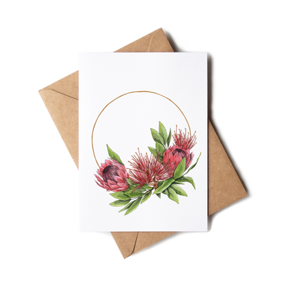 Greeting card with floral design and brown envelope on white background