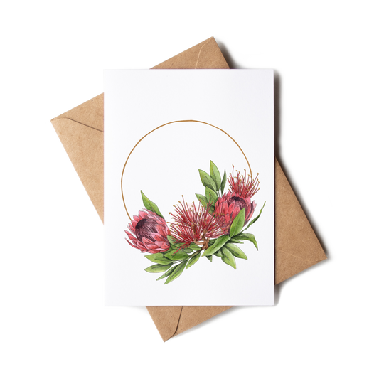 Greeting card with floral design and brown envelope on white background
