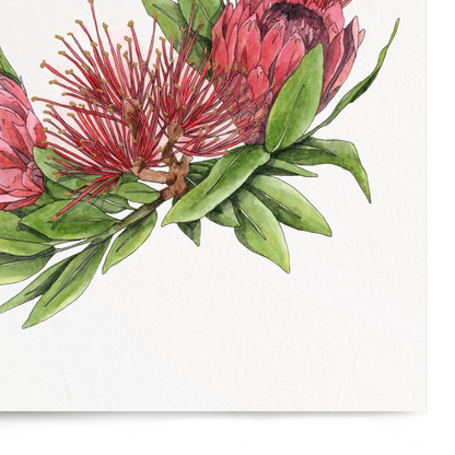 Floral design with red flowers and green leaves on a white background