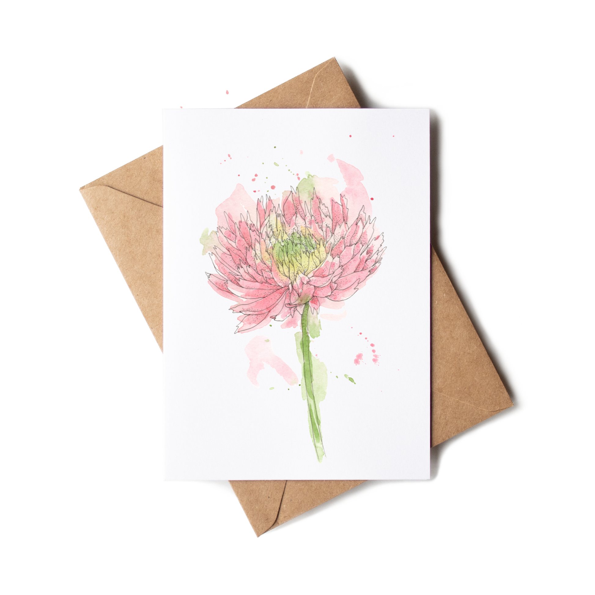 Greeting card with pink flower illustration and brown envelope on white background