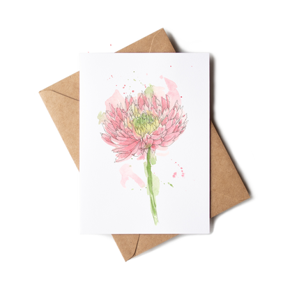Greeting card with pink flower illustration and brown envelope on white background