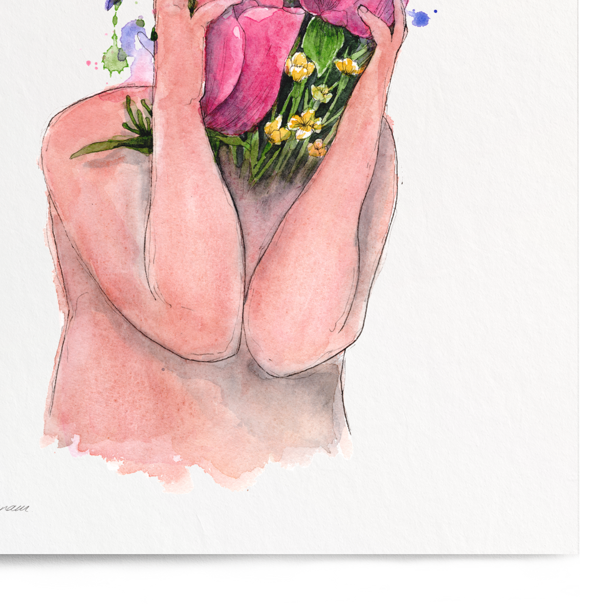 A vertical art print featuring a watercolor illustration of a person holding a vibrant bouquet of pink, purple, and yellow flowers, shown against a clean white background.