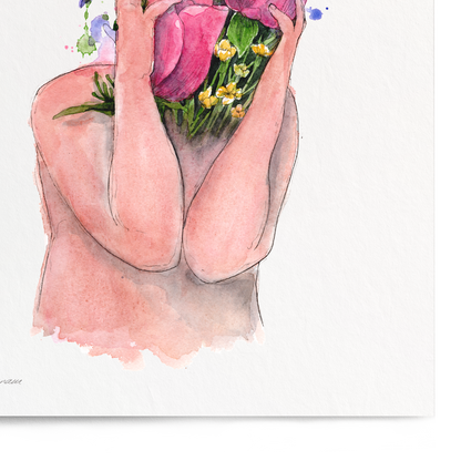 A vertical art print featuring a watercolor illustration of a person holding a vibrant bouquet of pink, purple, and yellow flowers, shown against a clean white background.