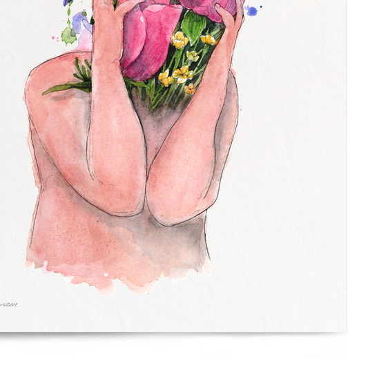 A vertical art print featuring a watercolor illustration of a person holding a vibrant bouquet of pink, purple, and yellow flowers, shown against a clean white background.