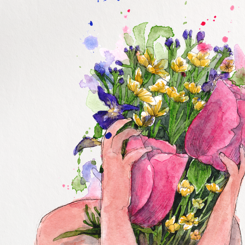 A vertical art print featuring a watercolor illustration of a person holding a vibrant bouquet of pink, purple, and yellow flowers, shown against a clean white background.