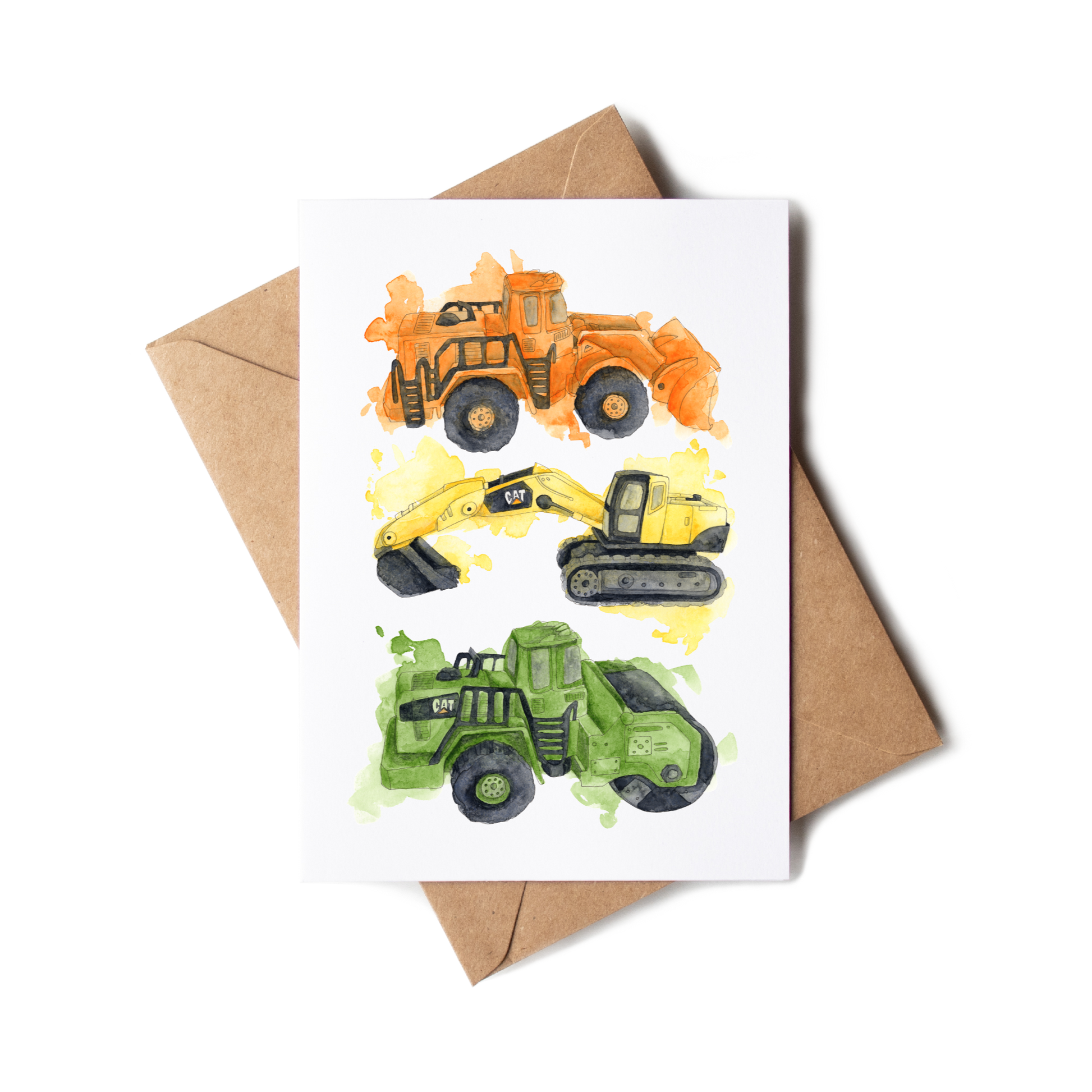 Card with construction vehicle illustrations on a white background