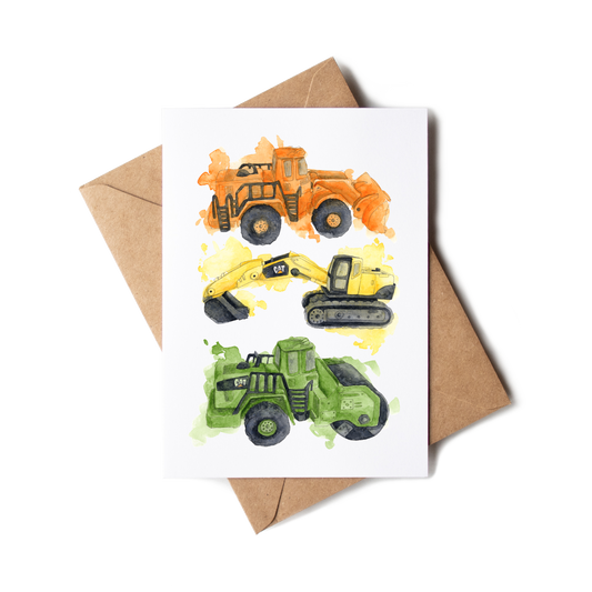 Card with construction vehicle illustrations on a white background