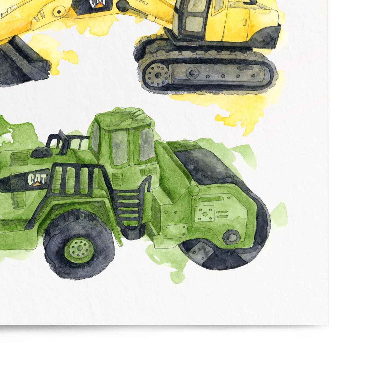 Illustration of three construction vehicles on a white background