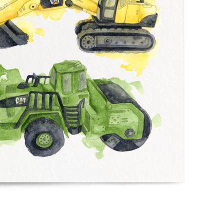 Illustration of three construction vehicles on a white background